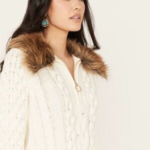 Show Me Your MuMu Cream Cable-Knit Sweater with Faux-Fur Collar